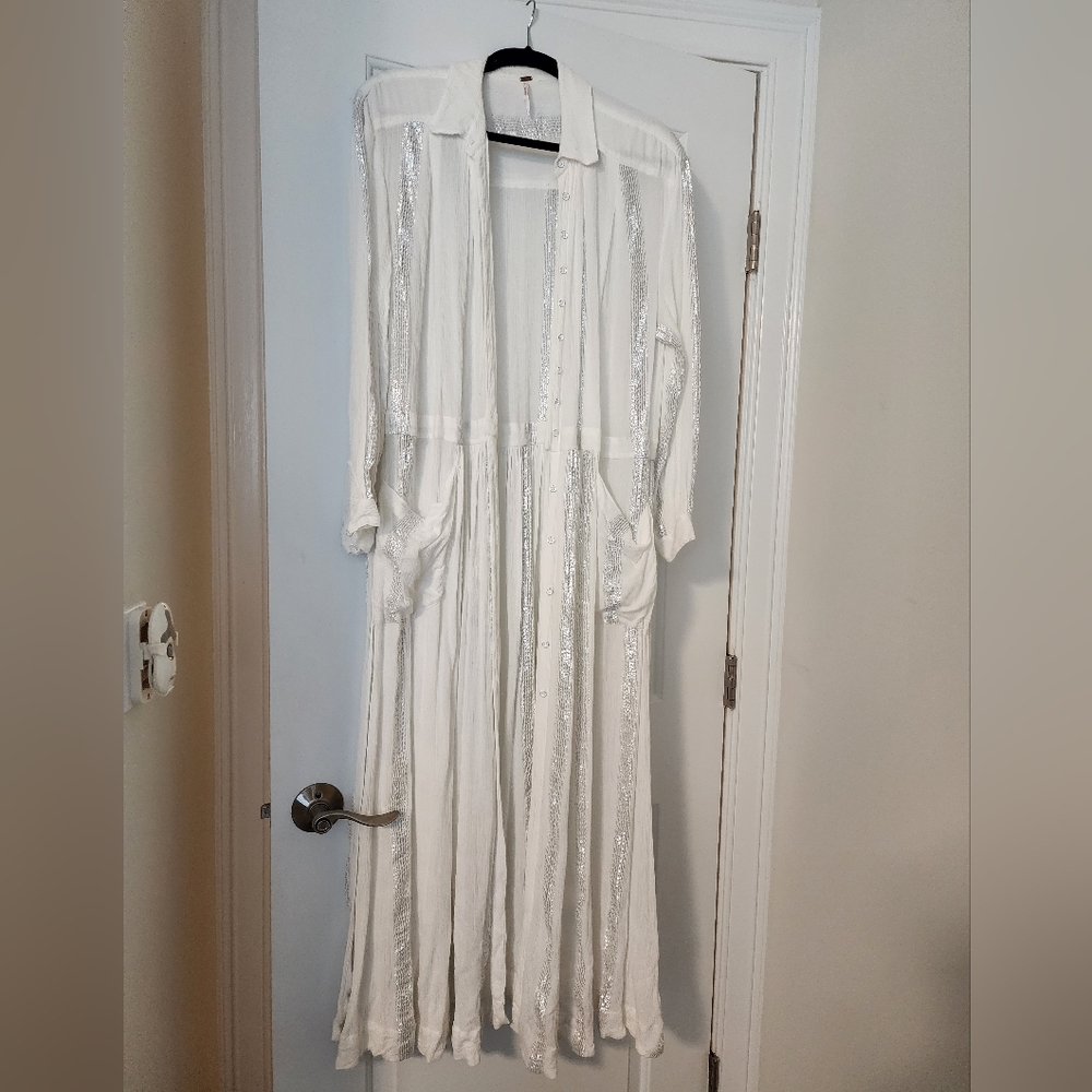 Free people gauze long shirt tunic white silver large